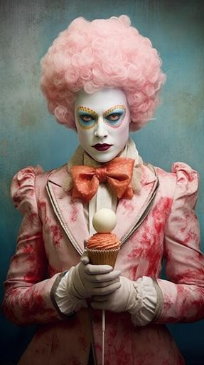 Sweets, cotton candy- inspired, poster - like, sticky hues:: ergonomic clown portrait photography by jimmy Nelson:: --v 5.1 --c 9 --s 555 --ar 9:16