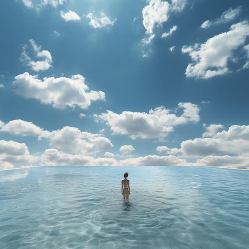 Swimming pool in the sky, a person swimming in the pool, blue sky, small swimming pool, aerial view, sky box swimming pool, cloudy sky, sky blue, full of milky white clouds --s 250