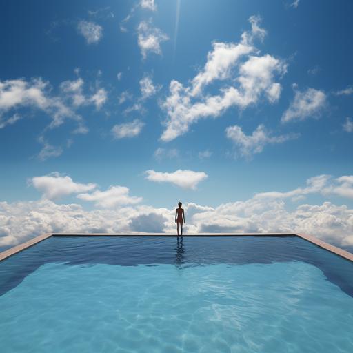 Swimming pool in the sky, a person swimming in the pool, blue sky, small swimming pool, aerial view, sky box swimming pool --s 250