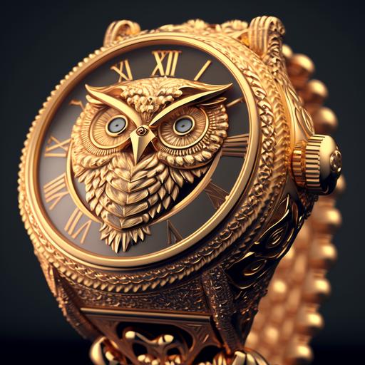 Swiss gold watch, superb owl design, bling, photorealistic, studio lighting.