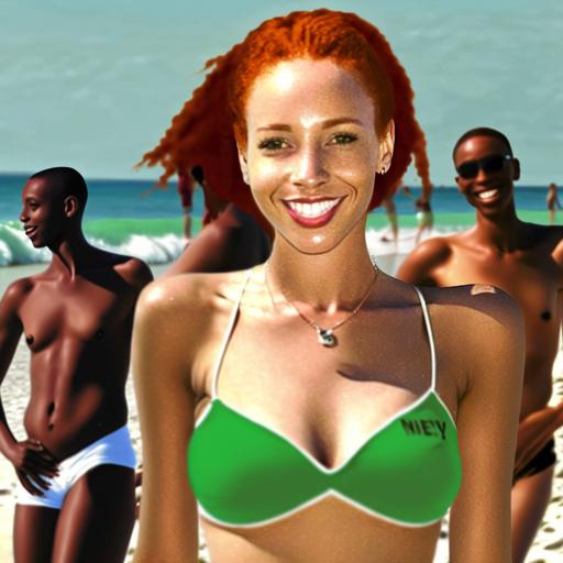 Syd Zofyn is a beautiful redhead with green eyes and a flirtatious smile. She is slim with an athletic lower body. wide view of her wearing a white bikini on a crowded Jamaican beach. Four Jamaican men pose with Syd. [Full body shot of Syd]::5 --seed 248954905