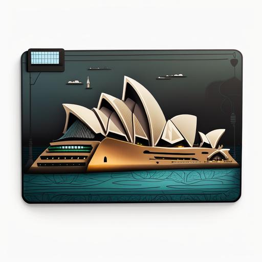 Sydney Opera House animated, cartoon fridge magnet dark mode