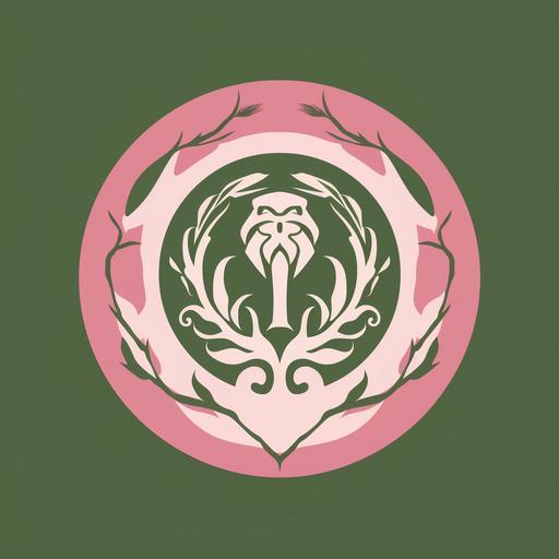 Symbol for a tactical and straegic tribal clan, druidic monkey clan, ivy green and light rosy pink coloration, simplistic and nature themed, posted on a warbanner, realistic, high resolution
