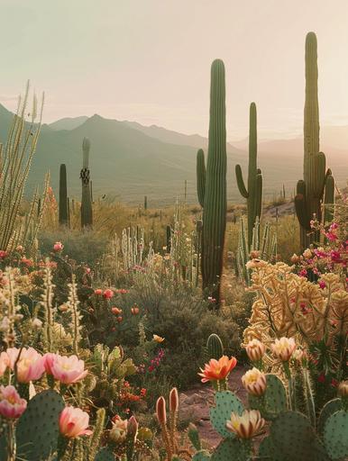 Symmetrical flat landscape view of a lush desert in full bloom at twilight, a variety of botanical desert speciments, tall cacti, desert flowers, minimal, shot on film camera, hyper realistic, warm muted retro color palette, desert vibes, bohemian aesthetic, editorial, --ar 3:4 --v 6.0