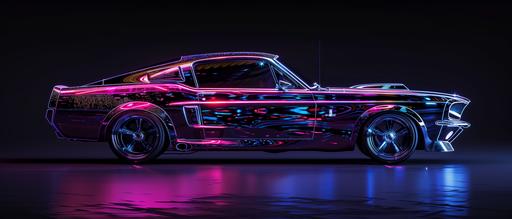 Synthwave ambrotype muscle car, luminescent lighting, space opera, retrofuturistic film noir, highly detailed, 8k --ar 7:3 --v 6.0