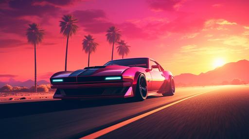 Synthwave car driving on a highway into the sunset. Neon, raytracing, volumetric, highly detailed. --ar 16:9