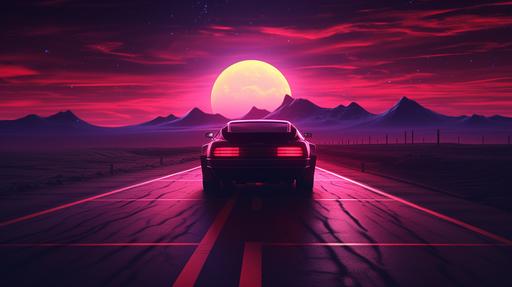 Synthwave car driving on a highway into the sunset. Neon, raytracing, volumetric, highly detailed. --ar 16:9