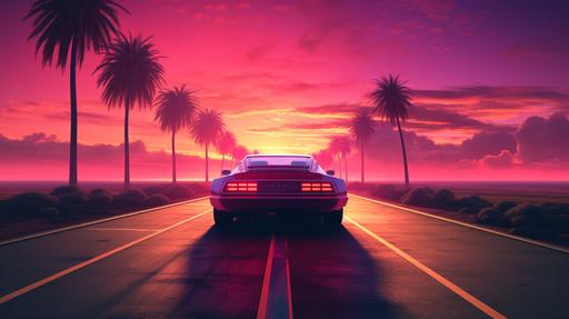 Synthwave car driving on a highway into the sunset. Neon, raytracing, volumetric, highly detailed. --ar 16:9