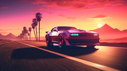 Synthwave car driving on a highway into the sunset. Neon, raytracing, volumetric, highly detailed. --ar 16:9