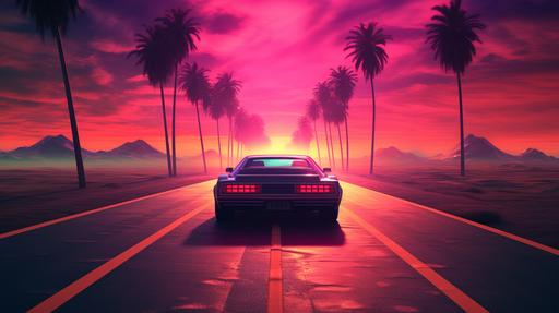 Synthwave car driving on a highway into the sunset. Neon, raytracing, volumetric, highly detailed. --ar 16:9