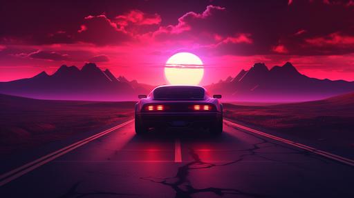 Synthwave car driving on a highway into the sunset. Neon, raytracing, volumetric, highly detailed. --ar 16:9