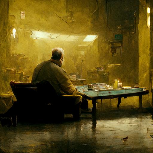 heavyset bald man clean shaven sitting at a lone card table in a dank basement, dirty room, journal on table, yellow tiled floors, fluorescent lighting, washed out lighting, style of David Fincher, highly detailed, realistic detail, cinematic shot, 70mm, hi res,
