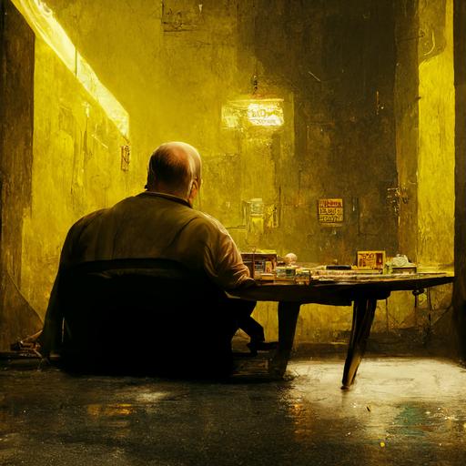 heavyset bald man clean shaven sitting at a lone card table in a dank basement, dirty room, journal on table, yellow tiled floors, fluorescent lighting, washed out lighting, style of David Fincher, highly detailed, realistic detail, cinematic shot, 70mm, hi res,