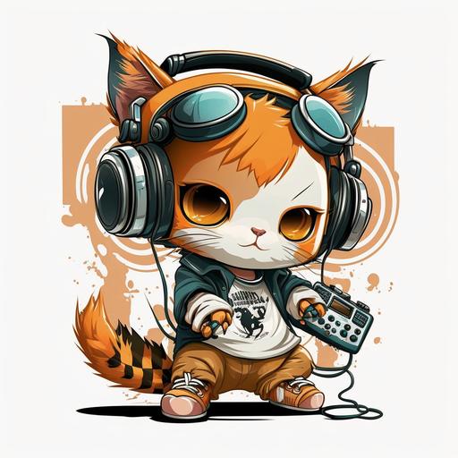 T - shirt design of a chibi cat with headphones rap, full hd illustration, vector, artwear, White clean background