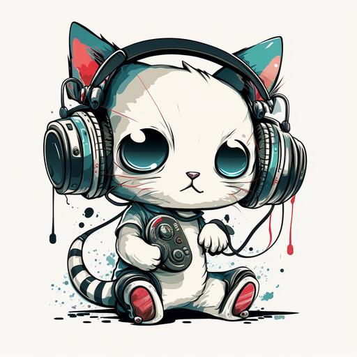 T - shirt design of a chibi cat with headphones rap, full hd illustration, vector, artwear, White clean background