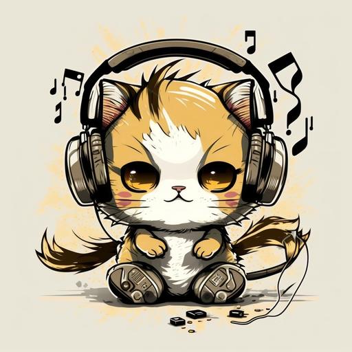 T - shirt design of a chibi cat with headphones rap, full hd illustration, vector, artwear, White clean background