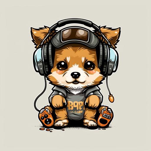 T - shirt design of a chibi dog with headphones rap, full hd illustration, vector, artwear, White clean background