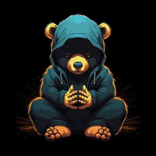T-Shirt design; Sweet smiling plushie bear sitting on carpet reaching his hands to hug You; black background; cartoon style