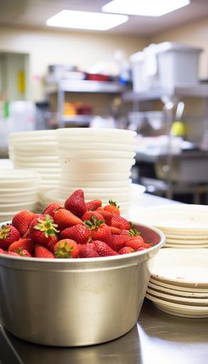 behind the scenes a restaurant kitchen with a bowl of strawberries on the table --aspect 4:7 --style raw --s 50