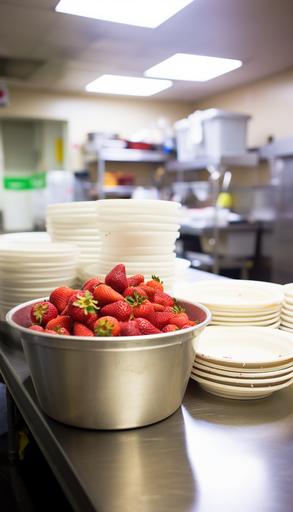 behind the scenes a restaurant kitchen with a bowl of strawberries on the table --aspect 4:7 --style raw --s 50