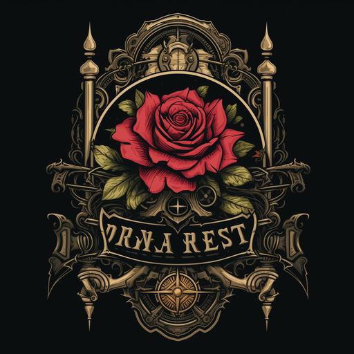 T-shirt design of steampunk rose old family crest, ozarks background, black background--ar2:3
