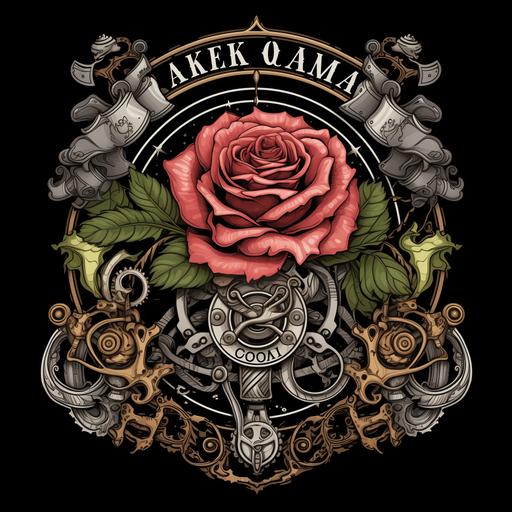 T-shirt design of steampunk rose old family crest, ozarks background, black background--ar2:3