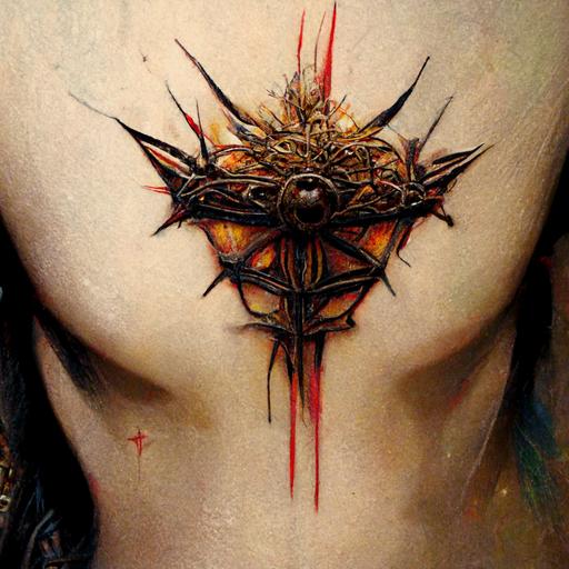 TATTOO OF A CROSS WITH CROWN OF THORNS, by Karol Bak, close up