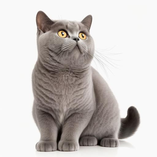 Lilac British Shorthair cat sitting and looking up, isolated white background