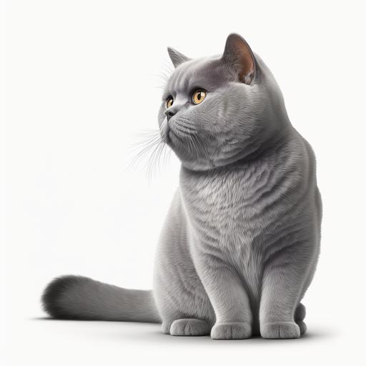 Lilac British Shorthair cat sitting and looking up, isolated white background,Hyper realistic