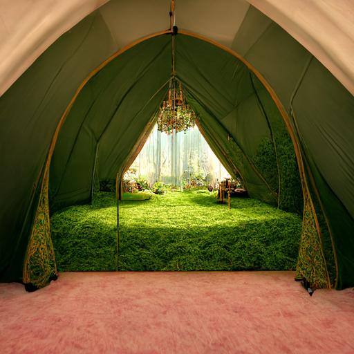 TENT OF SHEER CURTAINS WITH METAL GOLD FRINGE AS A DIVIDING WALL THAT VIEWS A SURREAL BRIGHT GREEN GRASS MEADOW THROUGH A LARGE ARCHED OPENING IN THE STEAMPUNK INTERIOR SYMMETRICAL ARCHITECTURE, ZEN GARDEN OF BRIGHT GREEN MOSS, LARGE PINK AND BLACK FLUFFY CHAIRS AND WHITE DOVES FLY THROUGH THE ROOM , GREEN TOPIARY, HYPER REALISM, 3D RENDER, SUPER RESOLUTION, insanely detailed  and intricate, hyper maximalist, elegant, ornate, hyper realistic, ultra-realistic, HD Octane Render, 3d, 8k post-production, super detailed, masterpiece, photorealistic