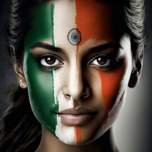 A beautiful Indian female face painted with the Indian tricolour