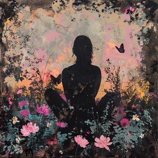 THE SILHOUTE OF A WOMAN IN PINK SHADES- SITTING WITH LEGS CROSSED, SURROUNDED WITH FLOWERS, MOSS, NATURE, BUTTERFLIES