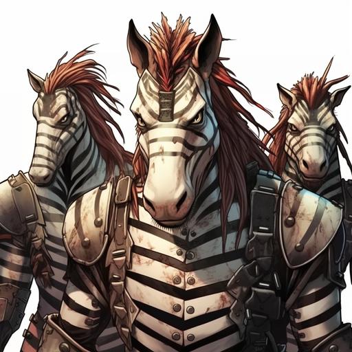 TMNT anthropomorphic animals mutant zebra, group of four humanoid zebra looking at camera, dressed post apocalypse punk mohawk chains spikes, comic book art done in the style of Kevin Eastman and Peter Laird --no humans