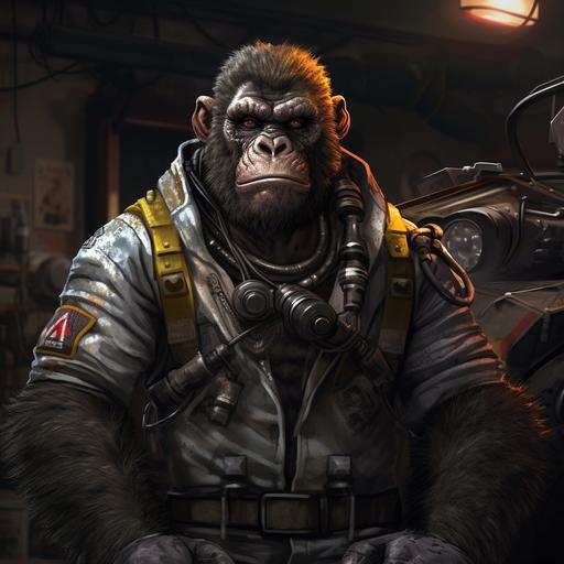 TMNT mutant animal anthropomorphic gorilla mutant humanoid gorilla mechanic automotive monkey jumpsuit post apocalypse RPG character portrait