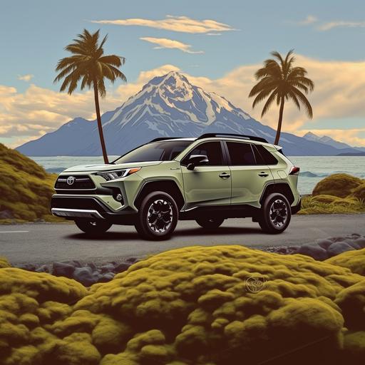 TOYOTA RAV4 Adventure, background of mountains and dinosaurs, vintage style.