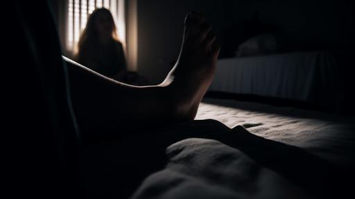 POV of a college girl lying on the bed, looking at the foot with a blurry, scary dark shadow figure::5 The Last of Us Part II video-game style --no defocus --ar 16:9 --v 5.0
