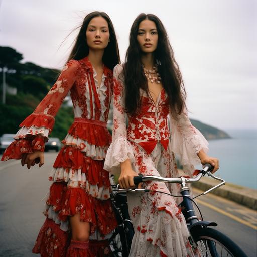 TWIN Brazilian - Japanese skinny transgender women models, with extremely long hair, for an vogue magazine shooting, who rides a bicycle in Naoshima city wearing silk and lace RED dresses in a 70s patterns. Some of them are wearing long sleeves and turtle neck flowing dresses, giving a little Victorian vibe but contemporary. They’re wearing blushy super natural makeup and glossy lips during summertime with the sunlight direct on their faces at Naoshima in Japan, year 2050 with a super vintage dreamy 70s atmosphere. It’s a peaceful vacation trip at the beach with transgender people having a good time. It’s a fashion editorial for vogue magazine. Entire body in the picture. Hassel 120mm, sunlight, Depth of field, 32k, super - resolution, megapixel, prophetic Rgb, backlight, Natural Lighting, Incandescent, cinematic lighting, soft lighting, volumetric, beautiful lighting, accent lighting, global illumination, screen space global illumination, optical, glowing, shadows, rough, shimmer, vintage lighting, 70s lighting, summertime, sunny day, silk Garments, 1970 aesthetic, 70s atmosphere, Naoshima Japan, Naoshima, Brazilian Beauty, accent Japanese beauty, blushy make up, transgender, transgender community, Brazilian Japanese, Japanese - Brazilian beauty, accent beauty, travesti, Vogue magazine, fashion, identity, routs, authenticity, creativity, diversity, Brazil, Brazilian, 220mm X 275mm, full body, body