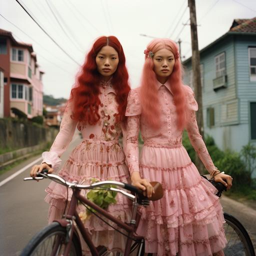 TWIN Brazilian - Japanese skinny transgender women models, with extremely long pink hair, for an vogue magazine shooting, who rides a bicycle in Naoshima city wearing silk and lace RED dresses in a 70s patterns. Some of them are wearing long sleeves and turtle neck flowing dresses, giving a little Victorian vibe but contemporary. They’re wearing blushy super natural makeup and glossy lips during summertime with the sunlight direct on their faces at Naoshima in Japan, year 2050 with a super vintage dreamy 70s atmosphere. It’s a peaceful vacation trip at the beach with transgender people having a good time. It’s a fashion editorial for vogue magazine. Entire body in the picture. Hassel 120mm, sunlight, Depth of field, 32k, super - resolution, megapixel, prophetic Rgb, backlight, Natural Lighting, Incandescent, cinematic lighting, soft lighting, volumetric, beautiful lighting, accent lighting, global illumination, screen space global illumination, optical, glowing, shadows, rough, shimmer, vintage lighting, 70s lighting, summertime, sunny day, silk Garments, 1970 aesthetic, 70s atmosphere, Naoshima Japan, Naoshima, Brazilian Beauty, accent Japanese beauty, blushy make up, transgender, transgender community, Brazilian Japanese, Japanese - Brazilian beauty, accent beauty, travesti, Vogue magazine, fashion, identity, routs, authenticity, creativity, diversity, Brazil, Brazilian, 220mm X 275mm, full body, body