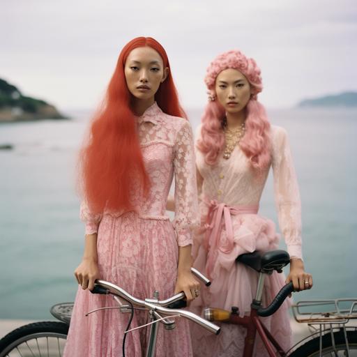 TWIN Brazilian - Japanese skinny transgender women models, with extremely long pink hair, for an vogue magazine shooting, who rides a bicycle in Naoshima city wearing silk and lace RED dresses in a 70s patterns. Some of them are wearing long sleeves and turtle neck flowing dresses, giving a little Victorian vibe but contemporary. They’re wearing blushy super natural makeup and glossy lips during summertime with the sunlight direct on their faces at Naoshima in Japan, year 2050 with a super vintage dreamy 70s atmosphere. It’s a peaceful vacation trip at the beach with transgender people having a good time. It’s a fashion editorial for vogue magazine. Entire body in the picture. Hassel 120mm, sunlight, Depth of field, 32k, super - resolution, megapixel, prophetic Rgb, backlight, Natural Lighting, Incandescent, cinematic lighting, soft lighting, volumetric, beautiful lighting, accent lighting, global illumination, screen space global illumination, optical, glowing, shadows, rough, shimmer, vintage lighting, 70s lighting, summertime, sunny day, silk Garments, 1970 aesthetic, 70s atmosphere, Naoshima Japan, Naoshima, Brazilian Beauty, accent Japanese beauty, blushy make up, transgender, transgender community, Brazilian Japanese, Japanese - Brazilian beauty, accent beauty, travesti, Vogue magazine, fashion, identity, routs, authenticity, creativity, diversity, Brazil, Brazilian, 220mm X 275mm, full body, body