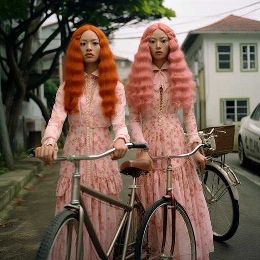 TWIN Brazilian - Japanese skinny transgender women models, with extremely long pink hair, for an vogue magazine shooting, who rides a bicycle in Naoshima city wearing silk and lace RED dresses in a 70s patterns. Some of them are wearing long sleeves and turtle neck flowing dresses, giving a little Victorian vibe but contemporary. They’re wearing blushy super natural makeup and glossy lips during summertime with the sunlight direct on their faces at Naoshima in Japan, year 2050 with a super vintage dreamy 70s atmosphere. It’s a peaceful vacation trip at the beach with transgender people having a good time. It’s a fashion editorial for vogue magazine. Entire body in the picture. Hassel 120mm, sunlight, Depth of field, 32k, super - resolution, megapixel, prophetic Rgb, backlight, Natural Lighting, Incandescent, cinematic lighting, soft lighting, volumetric, beautiful lighting, accent lighting, global illumination, screen space global illumination, optical, glowing, shadows, rough, shimmer, vintage lighting, 70s lighting, summertime, sunny day, silk Garments, 1970 aesthetic, 70s atmosphere, Naoshima Japan, Naoshima, Brazilian Beauty, accent Japanese beauty, blushy make up, transgender, transgender community, Brazilian Japanese, Japanese - Brazilian beauty, accent beauty, travesti, Vogue magazine, fashion, identity, routs, authenticity, creativity, diversity, Brazil, Brazilian, 220mm X 275mm, full body, body