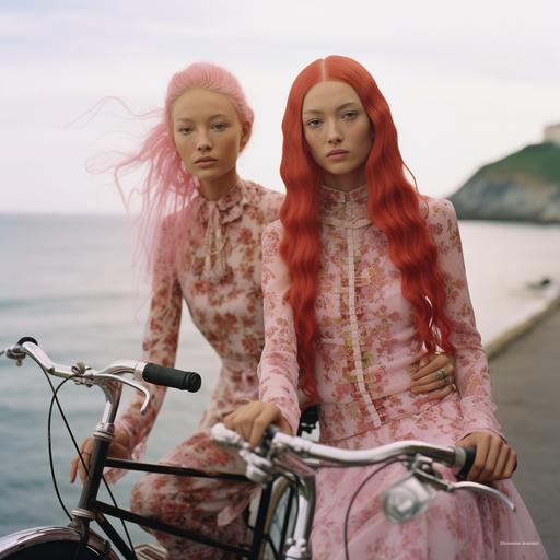 TWIN Brazilian - Japanese skinny transgender women models, with extremely long pink hair, for an vogue magazine shooting, who rides a bicycle in Naoshima city wearing silk and lace RED dresses in a 70s patterns. Some of them are wearing long sleeves and turtle neck flowing dresses, giving a little Victorian vibe but contemporary. They’re wearing blushy super natural makeup and glossy lips during summertime with the sunlight direct on their faces at Naoshima in Japan, year 2050 with a super vintage dreamy 70s atmosphere. It’s a peaceful vacation trip at the beach with transgender people having a good time. It’s a fashion editorial for vogue magazine. Entire body in the picture. Hassel 120mm, sunlight, Depth of field, 32k, super - resolution, megapixel, prophetic Rgb, backlight, Natural Lighting, Incandescent, cinematic lighting, soft lighting, volumetric, beautiful lighting, accent lighting, global illumination, screen space global illumination, optical, glowing, shadows, rough, shimmer, vintage lighting, 70s lighting, summertime, sunny day, silk Garments, 1970 aesthetic, 70s atmosphere, Naoshima Japan, Naoshima, Brazilian Beauty, accent Japanese beauty, blushy make up, transgender, transgender community, Brazilian Japanese, Japanese - Brazilian beauty, accent beauty, travesti, Vogue magazine, fashion, identity, routs, authenticity, creativity, diversity, Brazil, Brazilian, 220mm X 275mm, full body, body