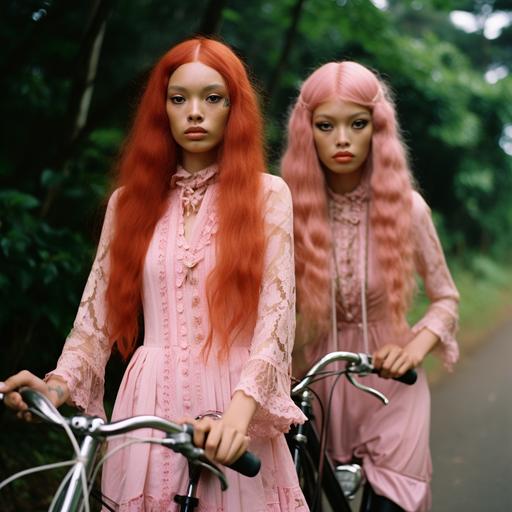 TWIN Brazilian - Japanese skinny transgender women models, with extremely long pink hair, for an vogue magazine shooting, who rides a bicycle in Naoshima city wearing silk and lace RED dresses in a 70s patterns. Some of them are wearing long sleeves and turtle neck flowing dresses, giving a little Victorian vibe but contemporary. They’re wearing blushy super natural makeup and glossy lips during summertime with the sunlight direct on their faces at Naoshima in Japan, year 2050 with a super vintage dreamy 70s atmosphere. It’s a peaceful vacation trip at the beach with transgender people having a good time. It’s a fashion editorial for vogue magazine. Entire body in the picture. Hassel 120mm, sunlight, Depth of field, 32k, super - resolution, megapixel, prophetic Rgb, backlight, Natural Lighting, Incandescent, cinematic lighting, soft lighting, volumetric, beautiful lighting, accent lighting, global illumination, screen space global illumination, optical, glowing, shadows, rough, shimmer, vintage lighting, 70s lighting, summertime, sunny day, silk Garments, 1970 aesthetic, 70s atmosphere, Naoshima Japan, Naoshima, Brazilian Beauty, accent Japanese beauty, blushy make up, transgender, transgender community, Brazilian Japanese, Japanese - Brazilian beauty, accent beauty, travesti, Vogue magazine, fashion, identity, routs, authenticity, creativity, diversity, Brazil, Brazilian, 220mm X 275mm, full body, body