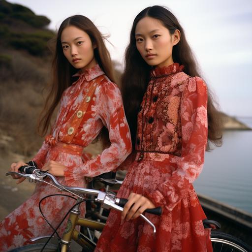 TWIN Brazilian - Japanese skinny transgender women models, with extremely long hair, for an vogue magazine shooting, who rides a bicycle in Naoshima city wearing silk and lace RED dresses in a 70s patterns. Some of them are wearing long sleeves and turtle neck flowing dresses, giving a little Victorian vibe but contemporary. They’re wearing blushy super natural makeup and glossy lips during summertime with the sunlight direct on their faces at Naoshima in Japan, year 2050 with a super vintage dreamy 70s atmosphere. It’s a peaceful vacation trip at the beach with transgender people having a good time. It’s a fashion editorial for vogue magazine. Entire body in the picture. Hassel 120mm, sunlight, Depth of field, 32k, super - resolution, megapixel, prophetic Rgb, backlight, Natural Lighting, Incandescent, cinematic lighting, soft lighting, volumetric, beautiful lighting, accent lighting, global illumination, screen space global illumination, optical, glowing, shadows, rough, shimmer, vintage lighting, 70s lighting, summertime, sunny day, silk Garments, 1970 aesthetic, 70s atmosphere, Naoshima Japan, Naoshima, Brazilian Beauty, accent Japanese beauty, blushy make up, transgender, transgender community, Brazilian Japanese, Japanese - Brazilian beauty, accent beauty, travesti, Vogue magazine, fashion, identity, routs, authenticity, creativity, diversity, Brazil, Brazilian, 220mm X 275mm, full body, body