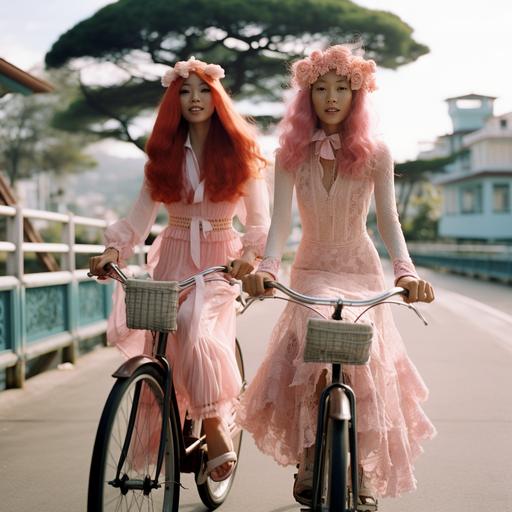 TWIN Brazilian - Japanese skinny transgender women models, with extremely long pink hair, for an vogue magazine shooting, who rides a bicycle in Naoshima city wearing silk and lace RED dresses in a 70s patterns. Some of them are wearing long sleeves and turtle neck flowing dresses, giving a little Victorian vibe but contemporary. They’re wearing blushy super natural makeup and glossy lips during summertime with the sunlight direct on their faces at Naoshima in Japan, year 2050 with a super vintage dreamy 70s atmosphere. It’s a peaceful vacation trip at the beach with transgender people having a good time. It’s a fashion editorial for vogue magazine. Entire body in the picture. Hassel 120mm, sunlight, Depth of field, 32k, super - resolution, megapixel, prophetic Rgb, backlight, Natural Lighting, Incandescent, cinematic lighting, soft lighting, volumetric, beautiful lighting, accent lighting, global illumination, screen space global illumination, optical, glowing, shadows, rough, shimmer, vintage lighting, 70s lighting, summertime, sunny day, silk Garments, 1970 aesthetic, 70s atmosphere, Naoshima Japan, Naoshima, Brazilian Beauty, accent Japanese beauty, blushy make up, transgender, transgender community, Brazilian Japanese, Japanese - Brazilian beauty, accent beauty, travesti, Vogue magazine, fashion, identity, routs, authenticity, creativity, diversity, Brazil, Brazilian, 220mm X 275mm, full body, body