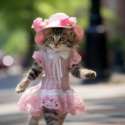 Tabby kitten wearing a cute little pink dress with frilly white lace around the edges. The cat is walking upright like a human. She is wearing a pearl necklace and a pretty flowery straw hat. She is walking on a street in New York City and other people walking by are looking at her as they are confused by a cat wearing clothes. Photorealistic, sharp focus, intricate detail in the background.