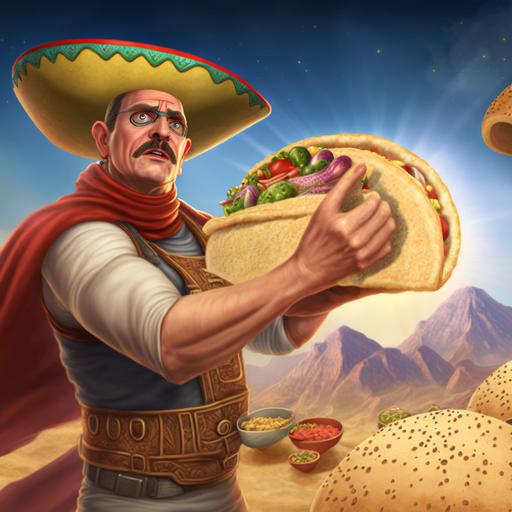 Taco Man superhero shooting hardshell tacos from his hands, character development, desert background, action, in the style of Marvel, upward angle, photorealistic, 8k HDR, intricate maximalism --v 4