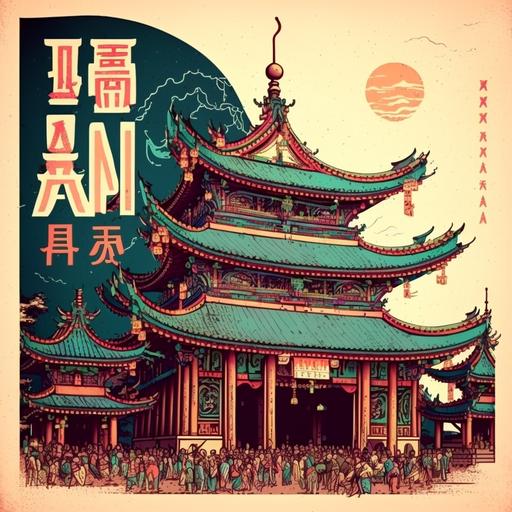 Taiwan folk temple with religious Carnival . drawing should be ukiyoe style or engraved printing or comic, vibrant colors. must be magnificence or stiking on visual.