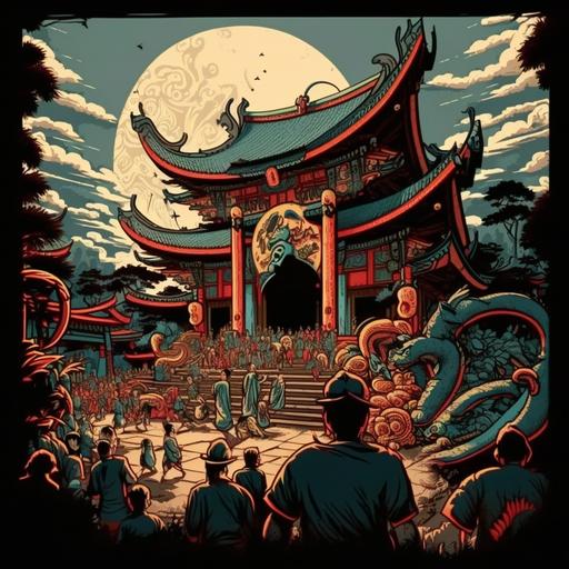 Taiwan folk temple with religious Carnival . drawing should be ukiyoe style or engraved printing or comic, vibrant colors. must be magnificence or stiking on visual.