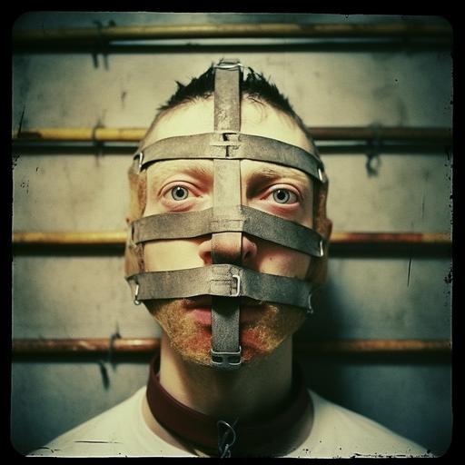 Taken with a Holga camera, f/ 2. 8, 30mm, dark and sorrowful, unnerving image, severe facial deformity, Funk Art style, Kodachrome film, prison masks, leather, gold zippers, glycerin, straightjacket, heterochromia, oiled