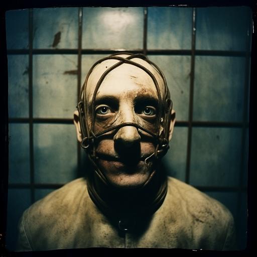 Taken with a Holga camera, f/ 2. 8, 30mm, dark and sorrowful, unnerving image, severe facial deformity, Funk Art style, Kodachrome film, prison masks, leather, gold zippers, glycerin, straightjacket, heterochromia, oiled